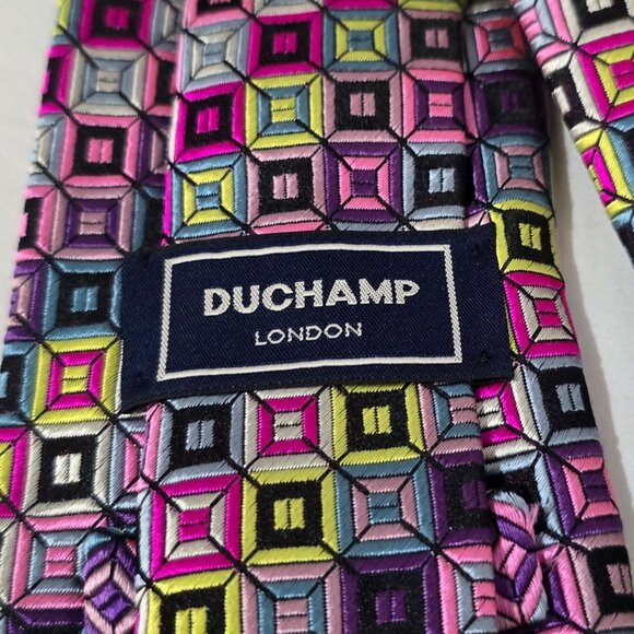 Duchamp London Hand Made England Silk Necktie Multi Square Geo  3 5/8" x 59 1/2" - Picture 5 of 6